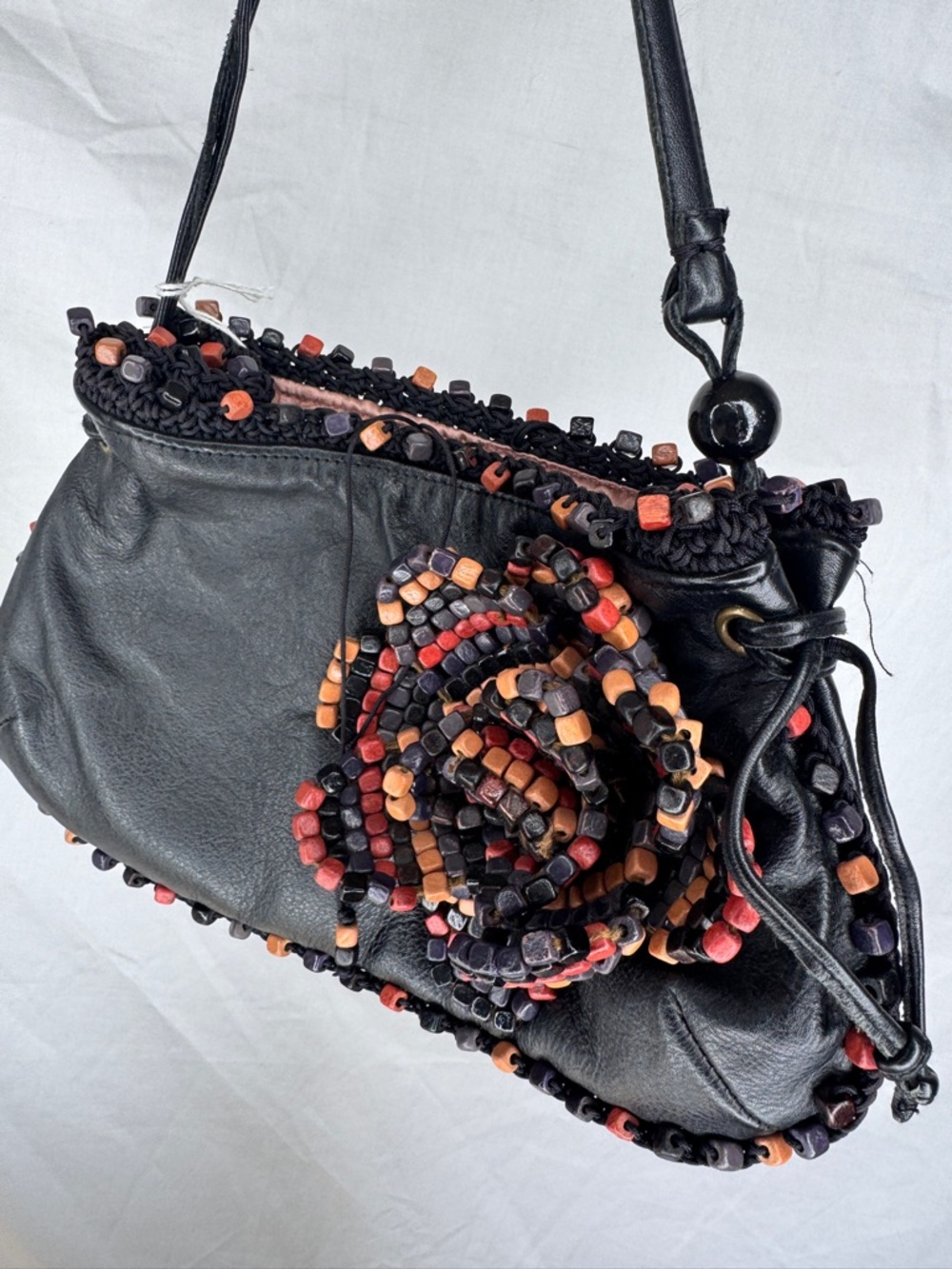 Jamin Puech Vintage Leather Shoulder Bag, Wood Beaded Flower